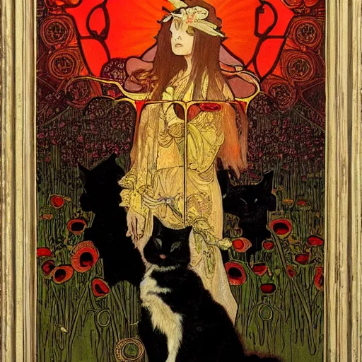 Image similar to a masterpiece painting by mucha exposed at the louvre : black cat taking the sun in a poppy field with a red sunset in the background