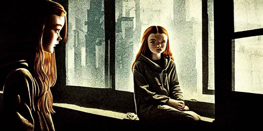 Image similar to at night, sadie sink in hoodie sits on windowsill, knees tucked in | rain falls, old brick wall with ussr propaganda posters : 3 5 mm film, anamorphic, single long shot from schindler's list by steven spielberg. cyberpunk, cinematic atmosphere, detailed and intricate, perfect anatomy