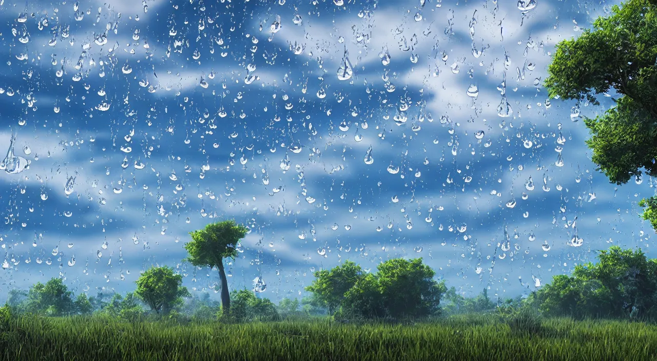 Prompt: very big raindrops floating in a perfect blue sunny sky above dead land, hyper detailed photorealistic, saturated colors