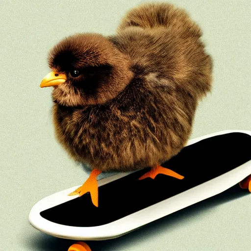 Prompt: fluffy chick riding mini skateboard, photorealistic