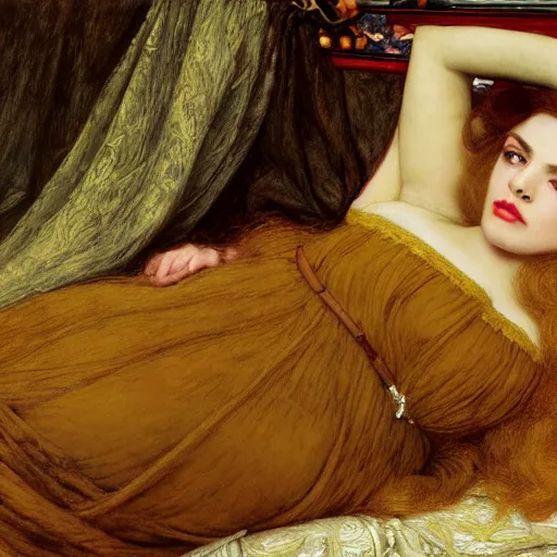 Image similar to preraphaelite photography reclining on bed, a hybrid of judy garland and a hybrid of lady gaga and lucy hale, aged 2 5, big brown fringe, wide shot, yellow ochre ornate medieval dress, john william waterhouse, kilian eng, rosetti, john everett millais, william holman hunt, william morris, 4 k