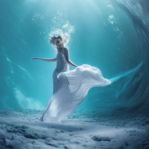 Prompt: woman dancing underwater wearing a long flowing dress made of many layers of ice and snow, coral sea bottom, swirling schools of silver fish, swirling smoke shapes, octane render, caustics lighting from above, cinematic, hyperdetailed