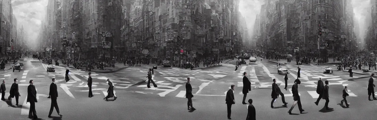 Image similar to People crossing the street from the movie Inception by Christopher Nolan, recursive, surreal, steam punk, highly detailed, smooth, cinematography, high contrast, sharp focus, dynamic lighting, 4k, by Rene Magritte