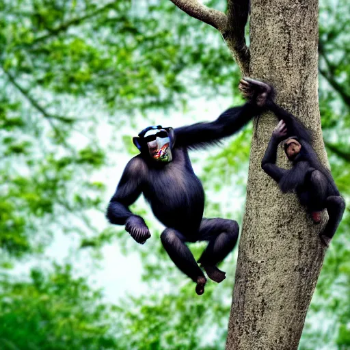 Prompt: chimpanzee, swinging on a tall tree, photo realistic, award winning, high detail, rule of thirds