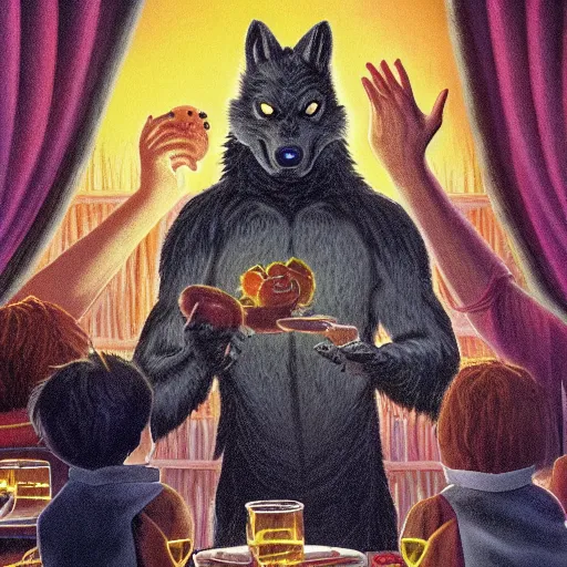 Image similar to goosebumps book cover, werewolf at supper, r l stine