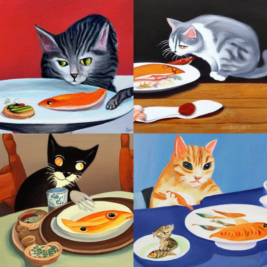 Prompt: a cute painting of a cat stealing a cooked fish from a plate on a dinner table