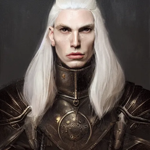 Image similar to character design, portrait of a attractive male with pale skin, long white hair and proeminent cheekbones, medieval, dark armor, painting by wlop, nixeu and greg rutkowski, beautiful, cgsociety, semirealism, artstation, octane render, sharpness, 8 k, golden ratio