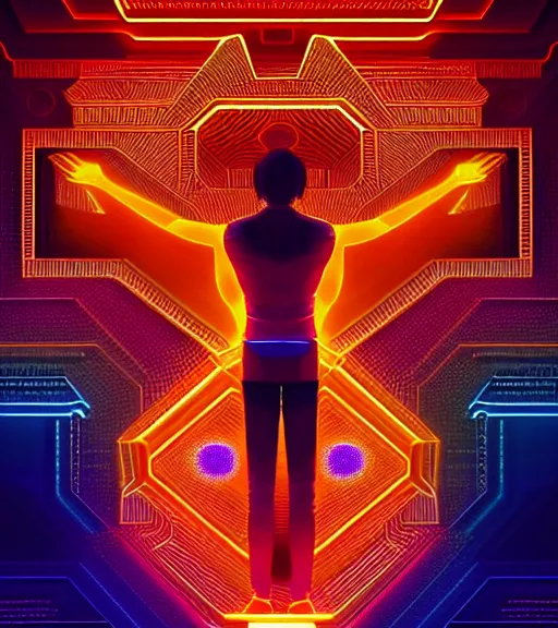 Image similar to symmetry!! indian prince of technology, solid cube of light, hard edges, product render retro - futuristic poster scifi, lasers and neon circuits, brown skin handsome indian prince, intricate, elegant, highly detailed, digital painting, artstation, concept art, smooth, sharp focus, illustration, dreamlike, art by artgerm