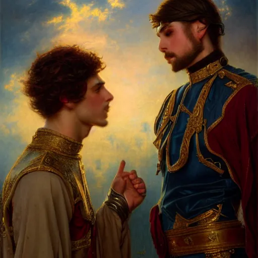 Image similar to attractive fully clothed king confesses his love for his attractive fully clothed male prince. highly detailed painting by gaston bussiere, tom bagshaw 8 k