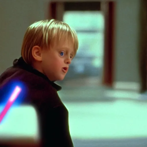 Image similar to A still of Kevin McCallister from Home Alone (1990) with a lightsaber