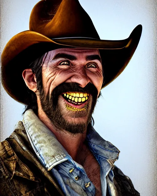 Prompt: portrait of a cursed grinning cowboy, ultra realistic, highly detailed, hd, sharp focus, cinematic lighting, shaded, mood lighting, realistic, photorealistic, vivid colors, painting, photograph, digital art, non blurry, sharp, smooth, illustration