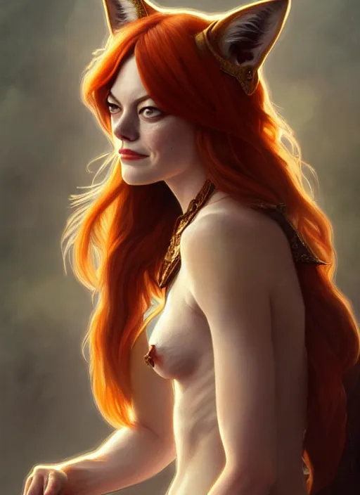 Image similar to portrait of emma stone as a fox, d & d, muscular, fantasy, intricate, elegant, highly detailed, digital painting, artstation, concept art, smooth, sharp focus, illustration, art by artgerm and greg rutkowski and alphonse mucha