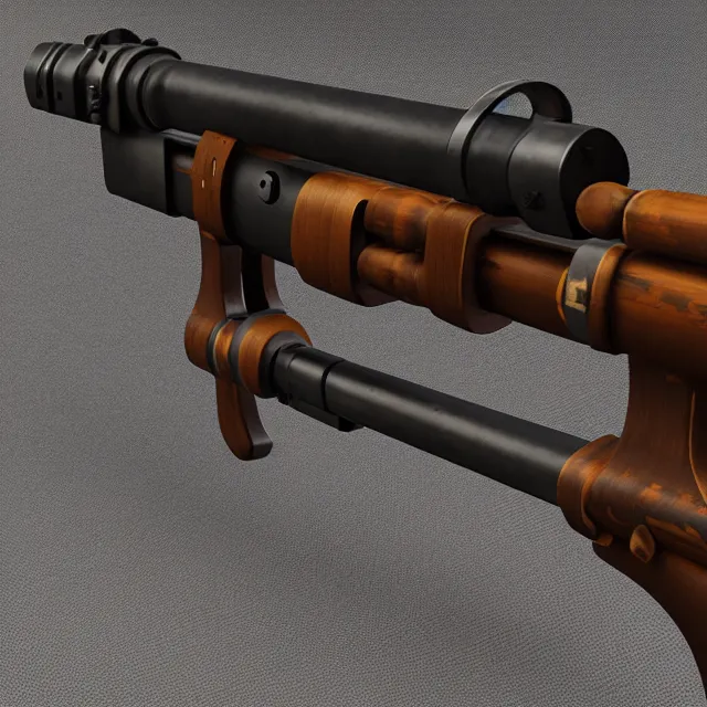 Image similar to wrought - iron cannon gun arquebus with wooden intarsia grip ( ( and telescopic sight ) ), unreal engine, 8 k render