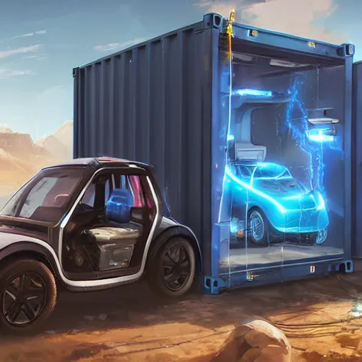 Image similar to electric vehicle plugged into a sci - fi container from apex legends, daytime, a sense of hope and optimism, hyper realistic, high res, 4 k, warm light, edouard groult, kirill leonov, isaac zuren