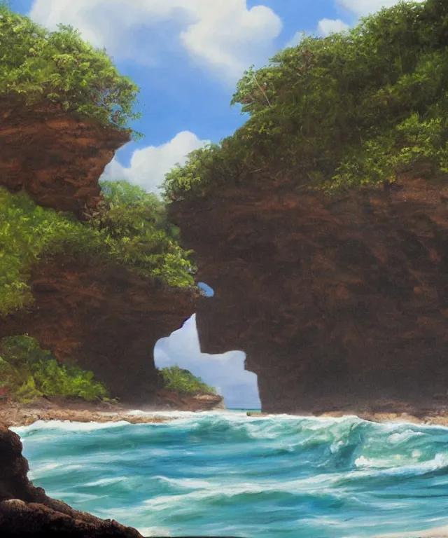 Image similar to photorealistic painting of turtle bay beach jamaica, sharp cliffs, island with cave, dark, atmospheric, brooding, smooth, finely detailed, cinematic, epic, in the style of larry elmore