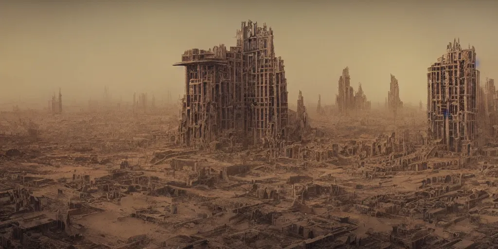 Image similar to tower!!!!!!!!, towers!!!!!!!!, babel, babylon, derelict, tall, ancient, atmospheric, beautiful, concept art, desert, civilisation, artstation, hazy, matte painting, highly detailed, volumetric lighting, rays, moody, golden hour, dawn, octane render, digital art, global illumination, city, burning