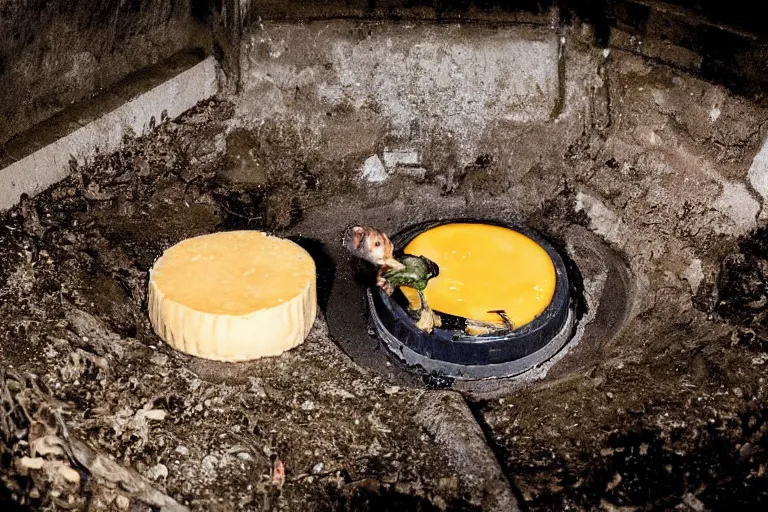 Image similar to a giant rat eating cheese in a sewer, photograph, terror, horror, mutant,