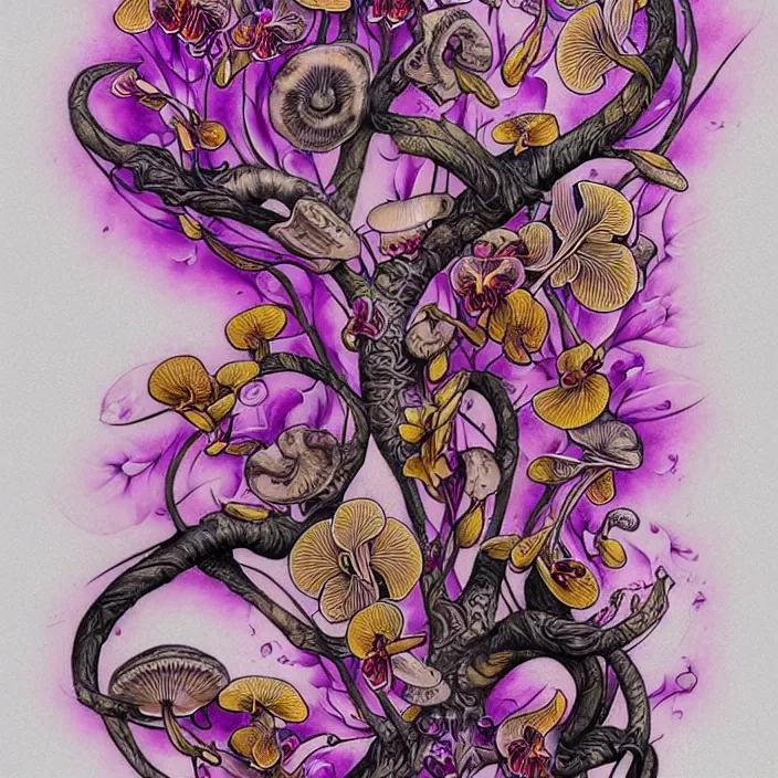 Image similar to extremely psychedelic tattoo design made of orchid and cherry blossom tree and mushroom, LSD tattoo design, diffuse lighting, fantasy, intricate, elegant, highly detailed, lifelike, photorealistic, digital painting, artstation, illustration, concept art, smooth, sharp focus, art by John Collier and Albert Aublet and Krenz Cushart and Artem Demura and Alphonse Mucha