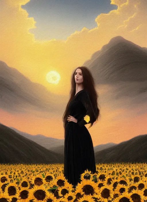 Image similar to oil painting portrait of a young woman with long dark flowing hair in a black dress, standing in a windy field of sunflowers at sunset with mountains in the background, hazy, digital art, chiaroscuro, artstation, cinematic, golden hour, digital art painting by greg rutkowski, bouguereau, 7 0 s japanese book art, hazy atmosphere, flowers, cinematic lighting