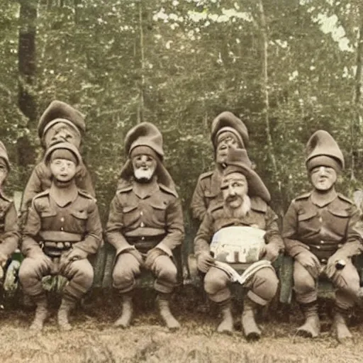 Prompt: the first meeting of the expeditionary detachment of Emelyan Khabarov with the gnomes of the Sikhote-Alin Range, the colors of the photograph have been restored