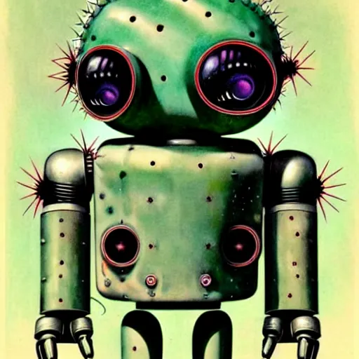 Image similar to 1950s retro cactus robot, Bionic Arms and eyes . muted colors. by Jean-Baptiste Monge