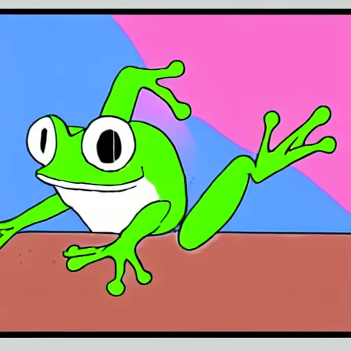 Prompt: cute frog running late for school, anime screencap, cute