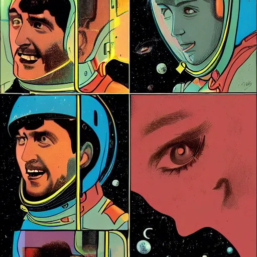 Prompt: space odyssey love story, in the style of tom jung and tizian, beautiful faces, dramatic, tragic, beautiful,