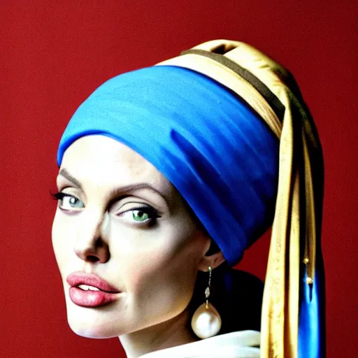 Prompt: a beautiful portrait photo of angelina jolie as the girl with a pearl earring