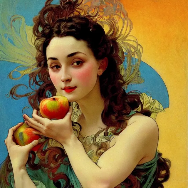 Image similar to an aesthetic! detailed close - up portrait of an aesthetic woman, dressed in silk, crying while holding an apple, by frank frazetta and alphonse mucha, oil on canvas, bright colors, art nouveau, epic composition, dungeons and dragons fantasy art, hd, god - rays, ray - tracing, crisp contour - lines, huhd - 8 k