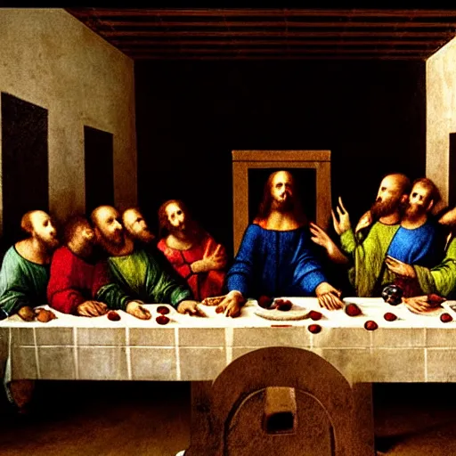 Prompt: foxes in the last supper painting by leonardo da vinci. dramatic lighting, award winning