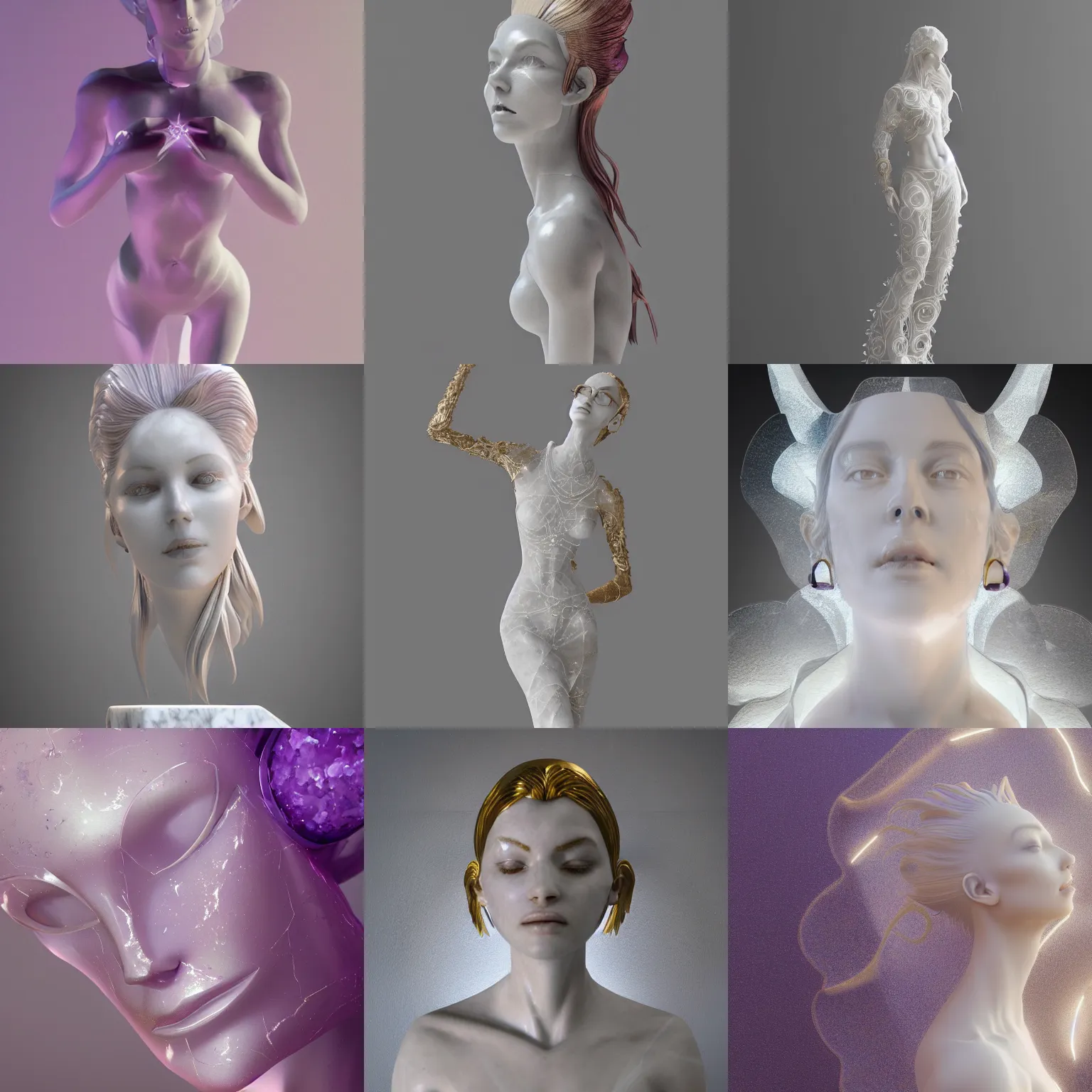 Prompt: abstract female sculpture made of white marble and amethyst crystals quartz, ethereal lights, fine details, artstation, luxury, golden filigree, octane render