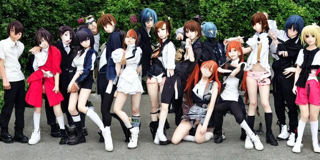 Image similar to 2 anime girls posing with 6 anime boys