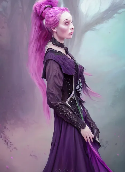 Prompt: portrait of beautiful young necromancer, gloomy purple dress, corset, cloak, pink hair, ponytail, white skin, green eyes, posing, high fantasy, intricate, elegant, highly detailed, digital painting, artstation, concept art, smooth, sharp focus, illustration, by afshar petros, krenz cushart, artem demura