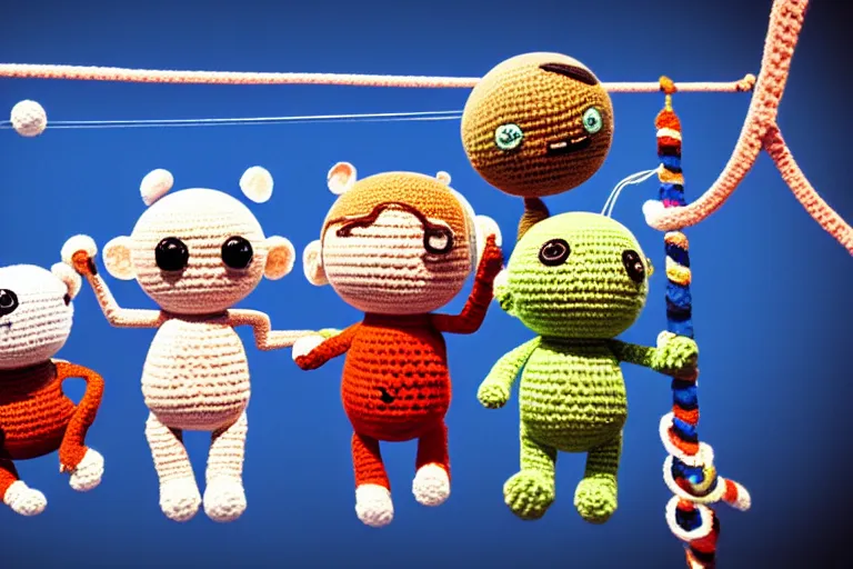 Prompt: a group of three crochet cute astronauts climbing a yarn wall. cute, illustration, digital art, inspired by little big planet, by greg rutkowski, detailed, sharp, masterpiece, highly detailed, photorealistic, octane render, 8 k, unreal engine 5, trending on artstation, vivid colors, cinematic, close up