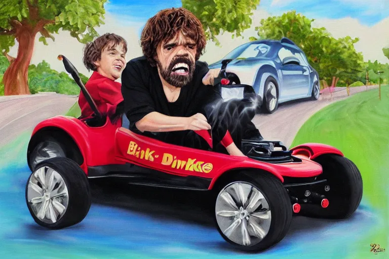 Image similar to black velvet painting of peter dinklage driving a little tikes crazy coupe