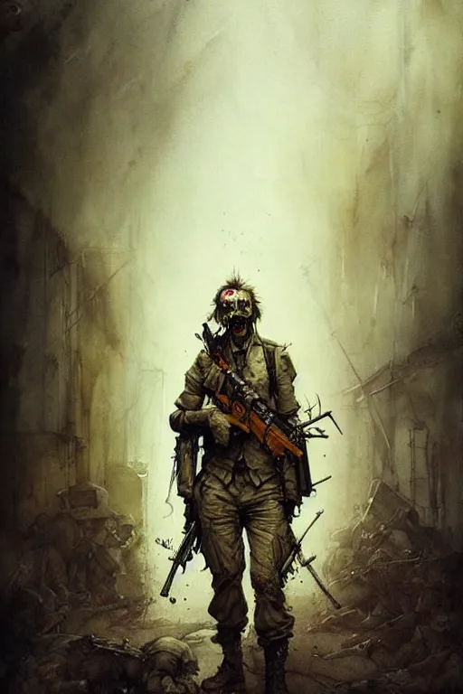 Image similar to soldier zombie | esoteric symbolism | jean - baptiste monge, esao andrews, bastien lecouffe - deharme, tim jacobus, ken currie | ultra - detailed realism, soft cinematic lighting, hi - fructose, artstation, high - quality, ink watercolors wes anderson poster art