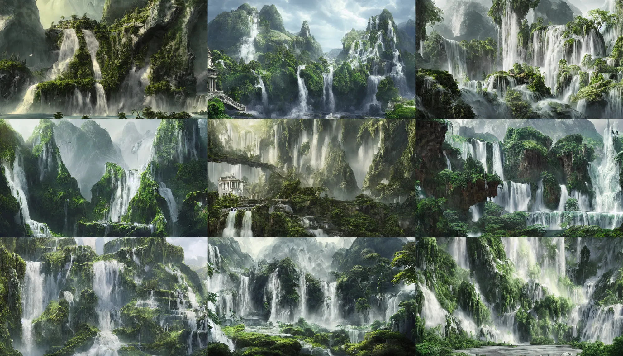 Prompt: Gorgeous white palace with big windows and columns built in the green giant mountains with waterfall, hyperdetailed, artstation, cgsociety, 8k