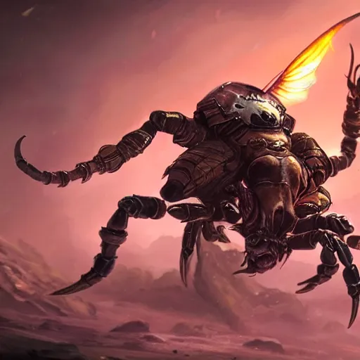 Image similar to warrior riding a scorpion while the scorpion attacks his ops, fantasy art, concept art, character design, unreal engine 5, ultra detailed, cinematic, dramatic lighting