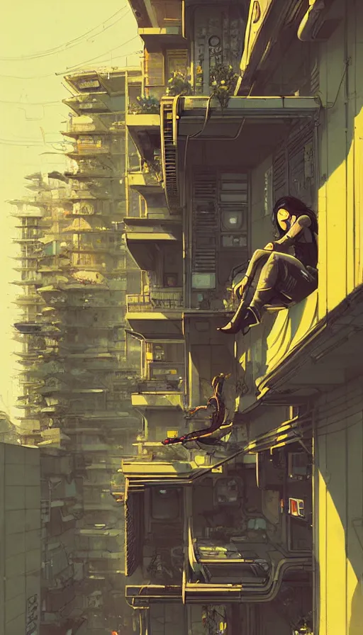 Image similar to hyper - realistic portrait of cyberpunk tokyo balcony in style of atey ghailan, by greg rutkowski, by greg tocchini, by james gilleard, by joe fenton, by kaethe butcher, dynamic lighting, gradient light yellow, brown, blonde cream and white color scheme, grunge aesthetic