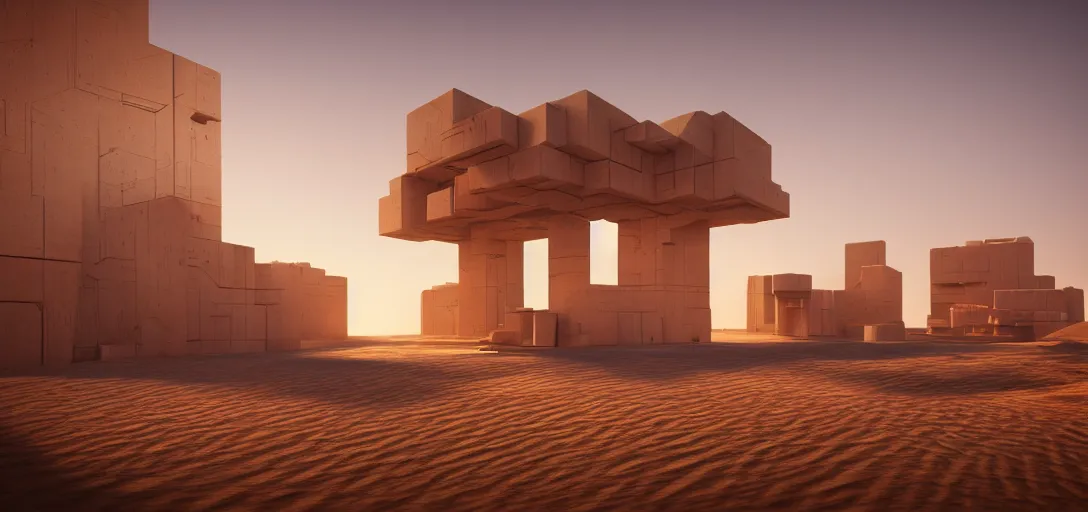 Prompt: view from the desert ground of futuristic blocky brutalist structure at dusk, the sun has just set, glowing heat haze, mirage, light rays, symmetry, cinematic lighting, ultra detailed, sharp, ambient occlusion, bloom, raytracing, by greg rutowski, finnian macmanus and jessica rossier