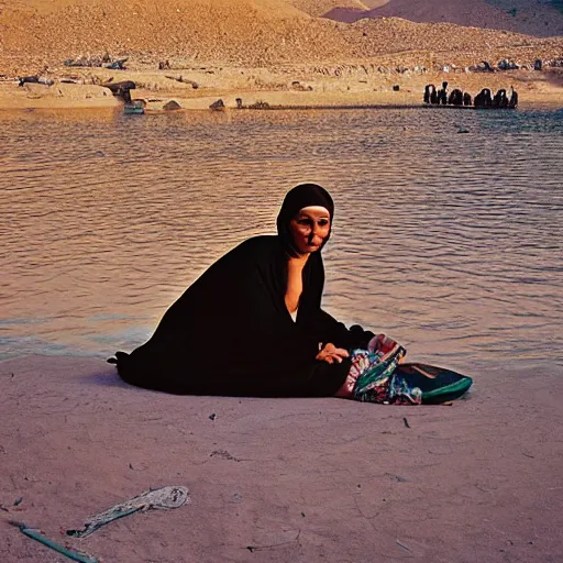 Image similar to egypt woman relaxing on river, coloured historic photo, sunset