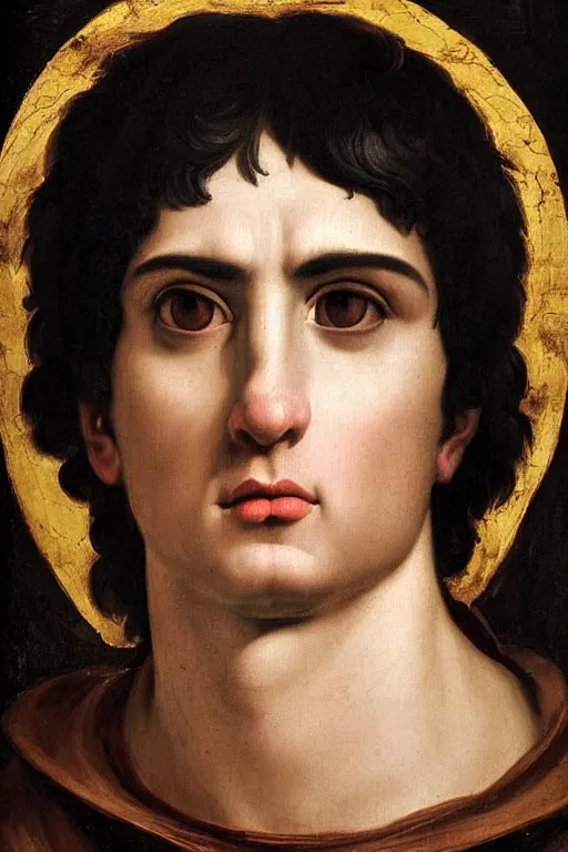 Prompt: renaissance painting of man, short black hair, pleading face, tears dripping from the eyes, emotions closeup, dressed in roman armour, ultra detailed, art by Guido Reni style, Vincenzo Catena style