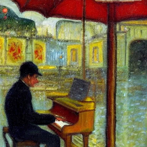 Prompt: a person playing the piano in a cafe on a rainy day, impressionist art