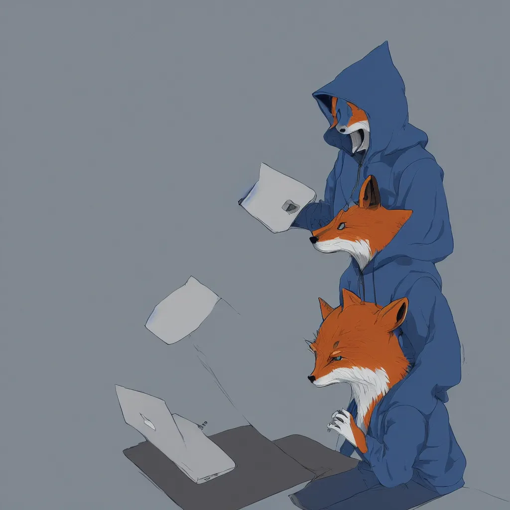 Prompt: an anthropomorphic fox in a blue hoodie sitting in front of the computer, dark tones, concept art, digital art, highly detailed, anime, by hayao miyazaki