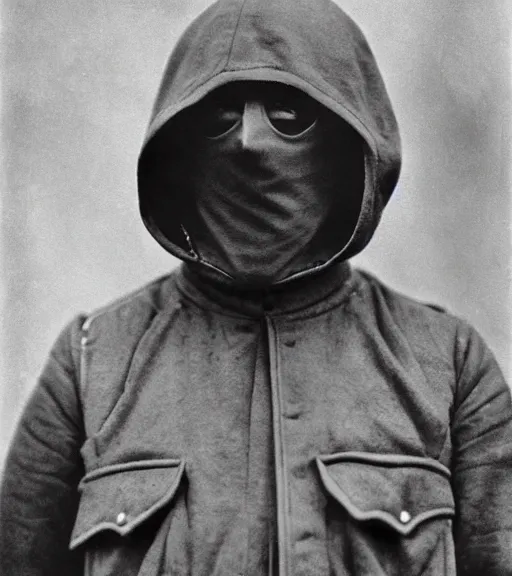 Prompt: full body portrait of a man at distance wearing hooded beaked mask covering his entire face, ww1 film photo, grainy, high detail, high resolution