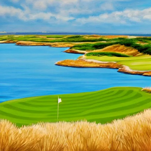 Prompt: painting of a golf course on the ocean with a partly cloudy blue sky