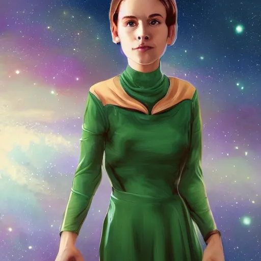 Image similar to a portrait photo of a young woman with short brown hair, a dress, and green eyes, floating in space, trending on artstation