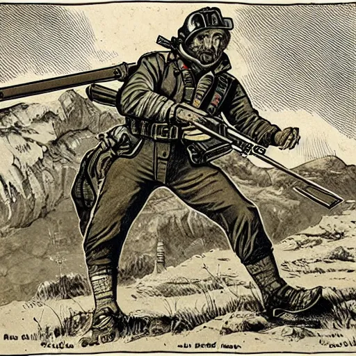 Prompt: 19th century scruffy american trapper aiming a rifle, on mars, pulp science fiction illustration