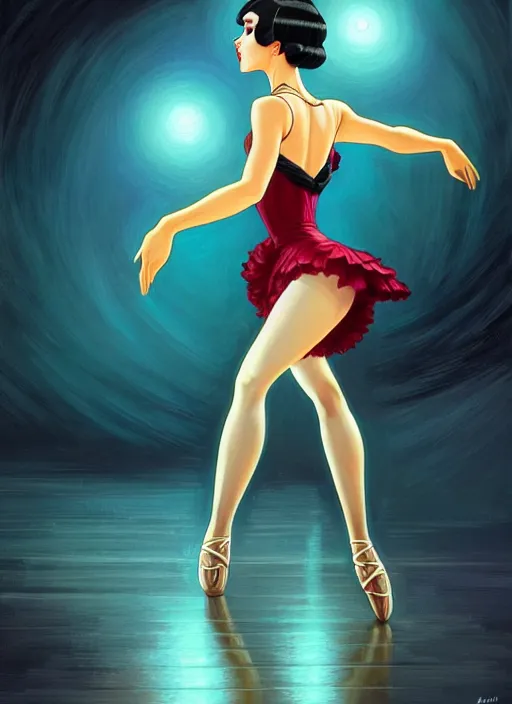 Image similar to a beautiful dancer with black hair in 1930's fashion, ballroom background, intricate, highly detailed, digital painting, artstation, official media, anime key visual, concept art, rich vivid colors, ambient lighting, sharp focus, illustration, art by Artgerm, Makoto Shinkai, Ilya Kuvshinov, Lois Van Baarle, and Rossdraws