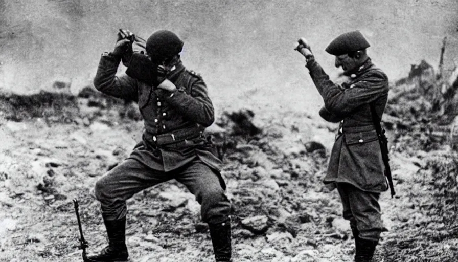 Image similar to french officer dabbing during the battle of verdun ( 1 9 1 6 ), historical photograph, highly detailed